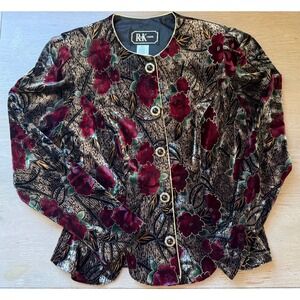 Vintage‎ R&K Evening Jacket Red Gold Floral Velvet Burnout Scalloped PS 2362S